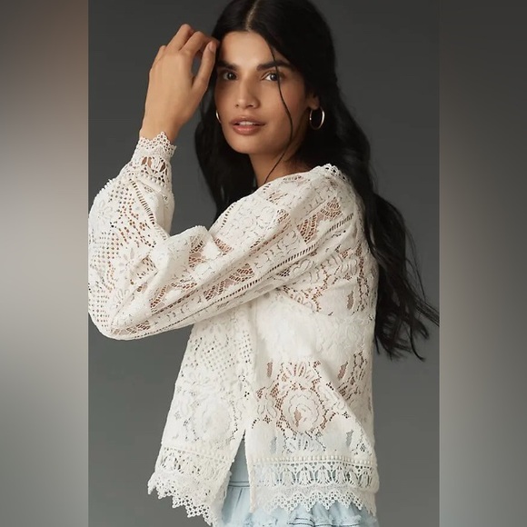 ANTHROPOLOGIE LONG-SLEEVE LACE PATCHES BLOUSE - Picture 2 of 3